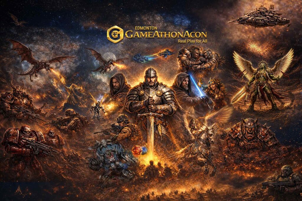 Edmonton GameAthonAcon Poster Collage of Game Characters from Several Tabletop Game Systems