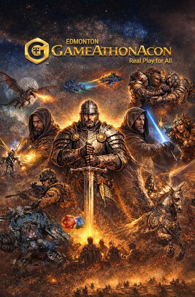 Edmonton GameAthonAcon Poster Collage of Game Characters from Several Tabletop Game Systems
